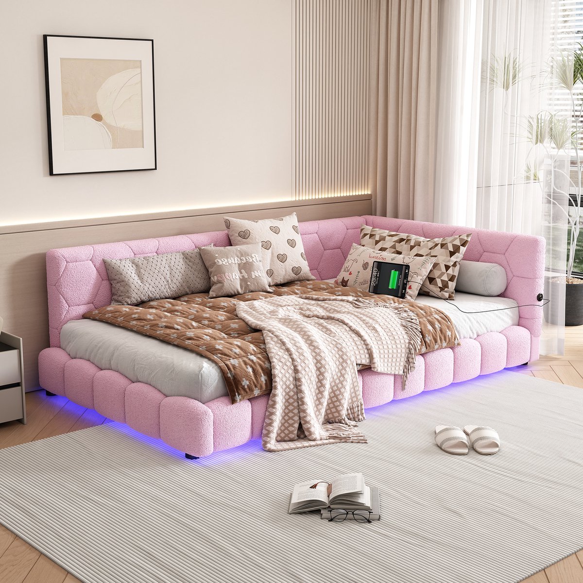 STILVORA Gestoffeerd bed 90x200 cm – Eenpersoonsbed zonder matras met lattenbodem – 16-kleur LED-sfeerverlichting & USB/Type-C oplaadpoort – Voor Slaapkamer – Fluweel – Roze