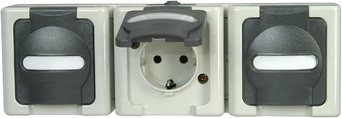 Geaard grijs stopcontact met klapdeksel - 3-voudig, bedraad, IP44