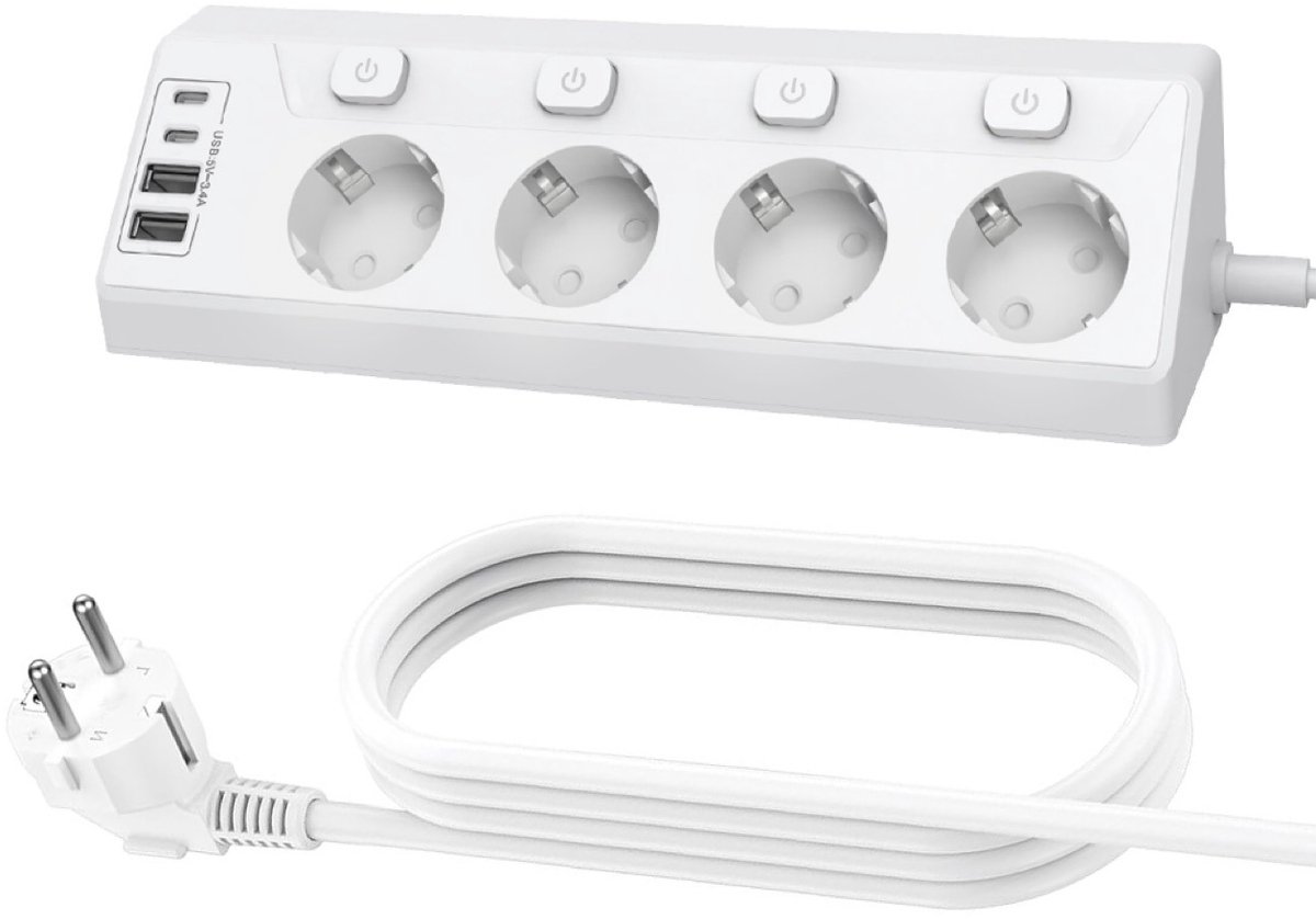 Hoekstopcontact met vier aansluitingen, waarvan twee USB-A-poorten en twee USB-C-poorten, 4000 watt, 1,5 meter kabel, aparte schakelaar, wit, geschikt voor kantoren en keukens.