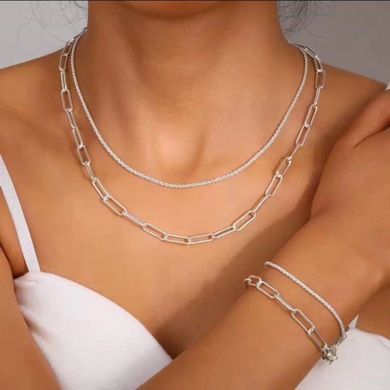 Ensemble de bijoux en argent - chaîne et bracelet - composé d'un double bracelet et d'un collier 2 pièces