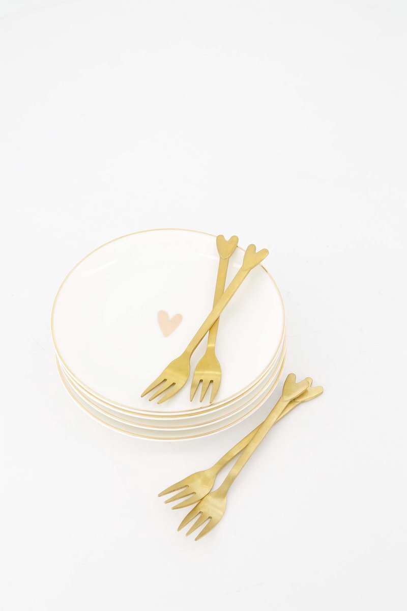 Zusss Cadeauset Gebaksbordjes & Vorkjes M Goud Hartje - Verjaardag - Cadeau Keramiek Wit/Goud