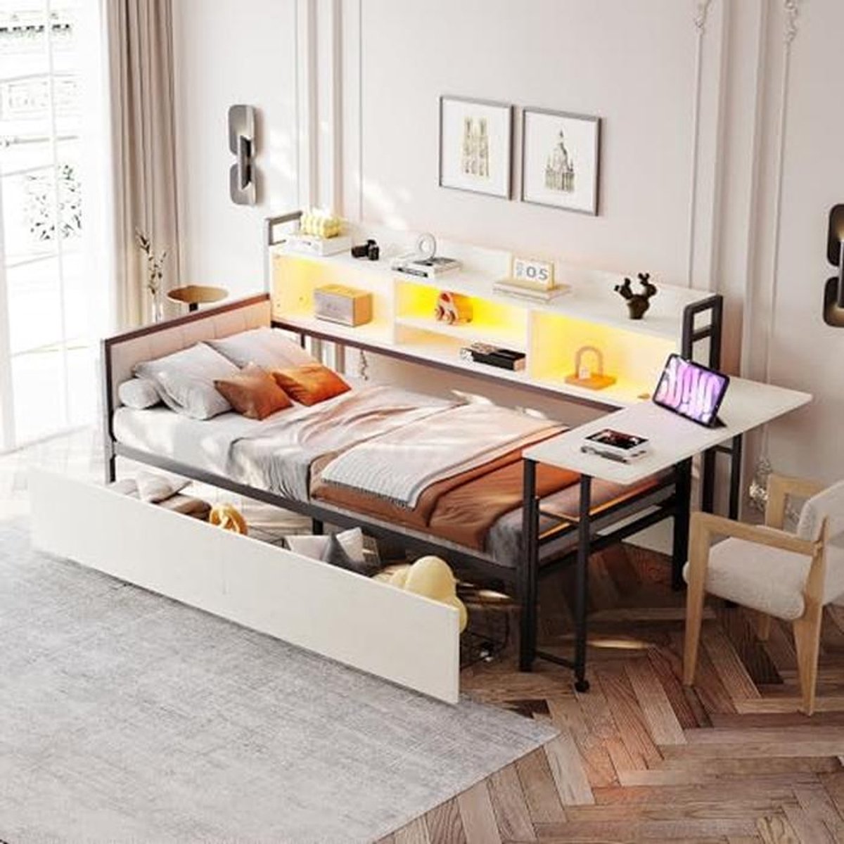 Multifunctioneel Dagbed met Opbergruimte en LED Verlichting - 90 x 200 cm
