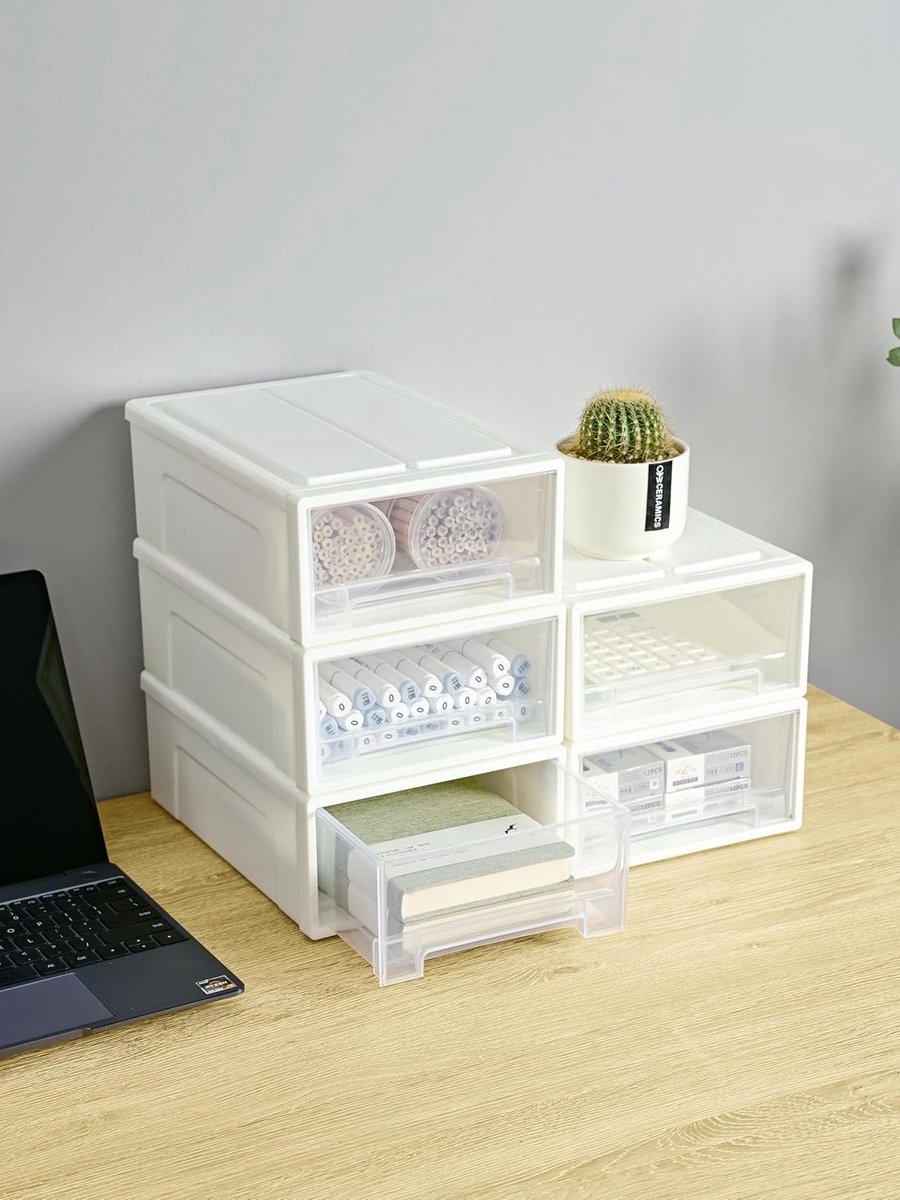 Candala kunststof opbergladen, bureau-organizers, ladeorganizer, opbergdoos, stapelbare toren voor desktop, slaapkamer, slaapzaal, cosmetica, duurzaam PP, BPA-vrij, wit en helder, 5 l, 3 stuks