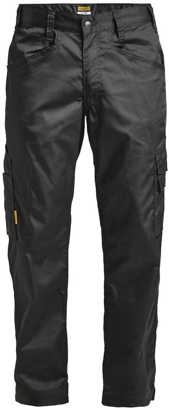 Zwarte werkbroek met zakken, een gele accent op de linker zak.
