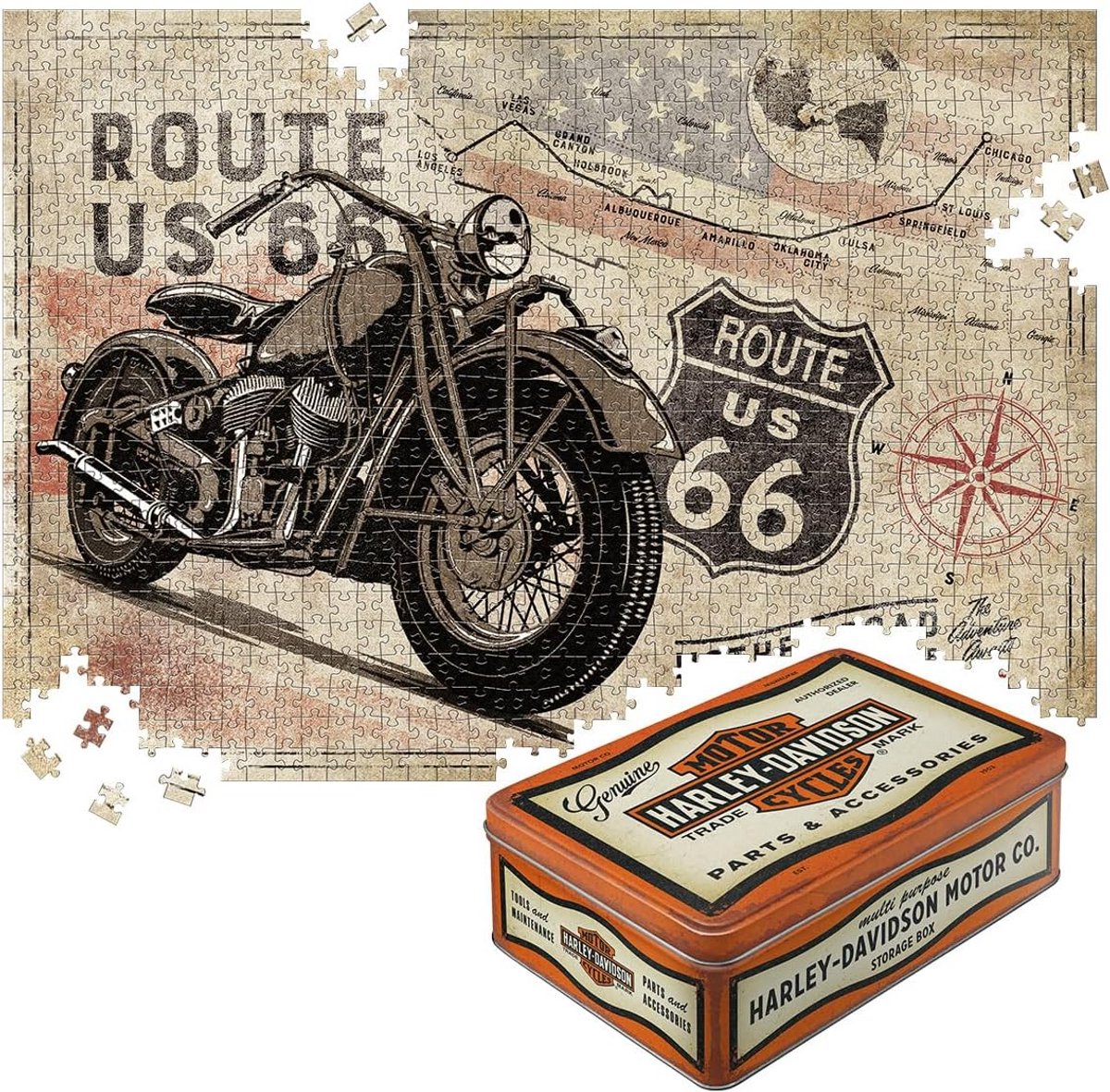 Route 66 Harley-Davidson Bicycle Folder 1.000 stuks puzzel in metalen doos