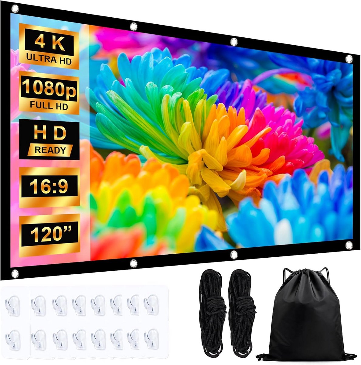 120 Inch HD Projectiescherm (4K Ondersteund) - Opvouwbaar en Draagbaar Scherm voor Thuisbioscoop of Camping