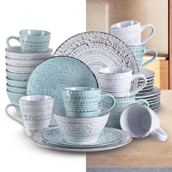 Service de Vaisselle de Luxe - 32 pièces - 8 personnes - Porcelaine - Service d'assiettes - Assiettes plates - Assiettes à dessert - Bols - Mugs - Wit & Blauw