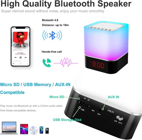 Draadloze Bluetooth Speaker met Wekker, LED Nachtlamp en MP3 Speler — afbeelding 4