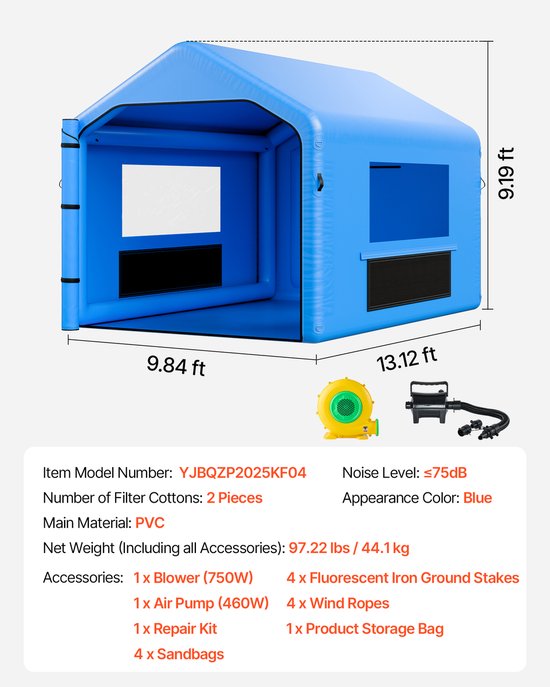 VEVOR Opblaasbare Spuitcabine 4 x 3 x 2,8 m, Spuitcabine Tent met 750 W Blower & Luchtfiltersysteem, Driehoekig Dak, PVC, Spuitverven voor Metalen Onderdelen van Motorvoertuigen van Vevor — afbeelding 5