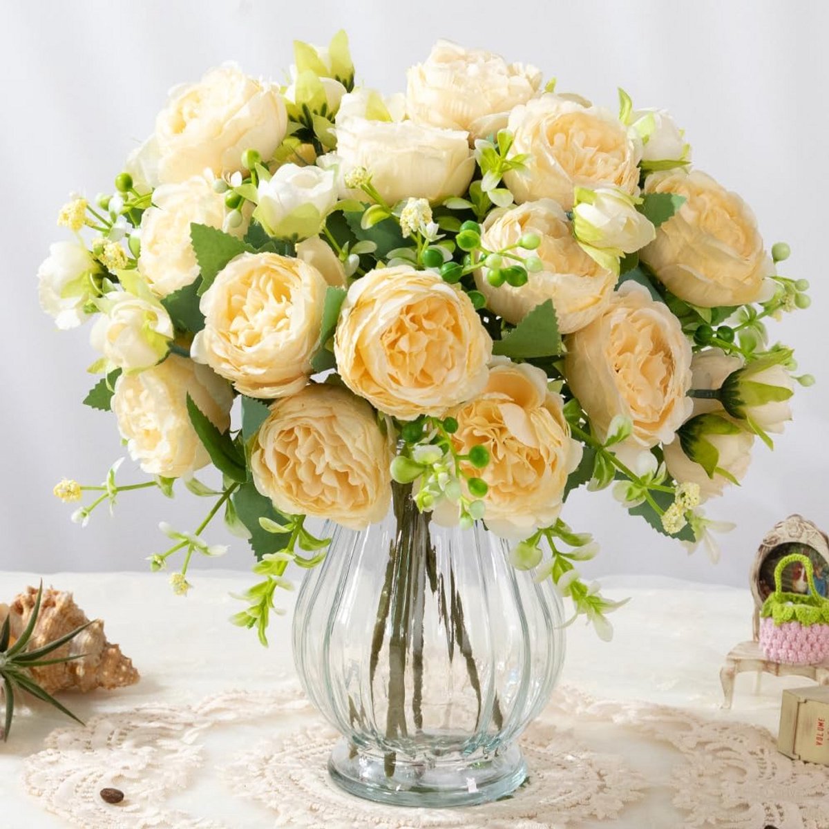 Moderne Zijde Pioenrozen in Glazen Vaas | Kunstbloemen Boeketten voor Huisdecoratie