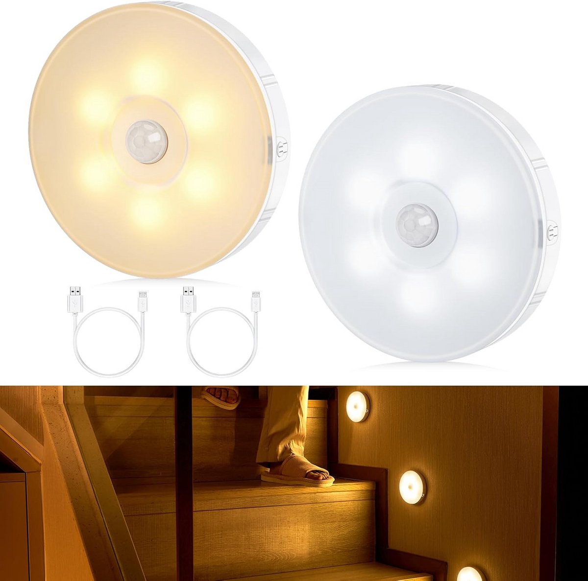 LED Nachtlampje met Bewegingssensor - Oplaadbaar Warm/Wit voor Binnen Gebruik - 2 Stuks
