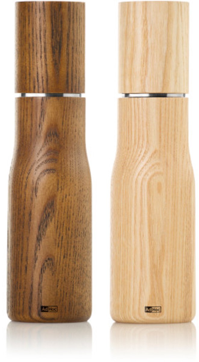 AdHoc Levo Peper- en Zoutmolen Set 21 cm – Handmatig – XL – CeraCutXL® Keramiek – Licht Essenhout & Warm Bruin Hout