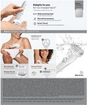 Close-up van vrouw die haar benen epileert met Braun Silk-épil 9. Toont 4-in-1 functie: exfoliëren, epileren, scheren, trimmen.