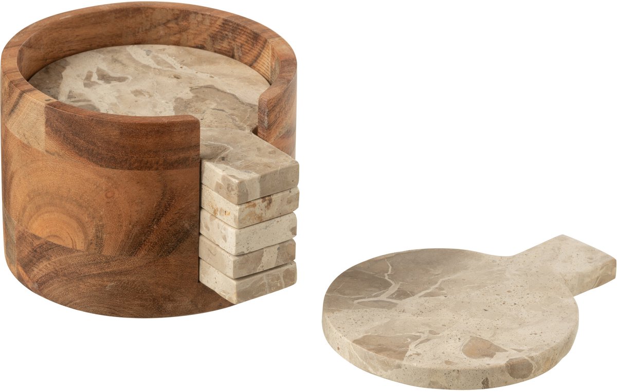 J-Line onderzetter Rond Marmer - steen - beige/goud - doos van 4