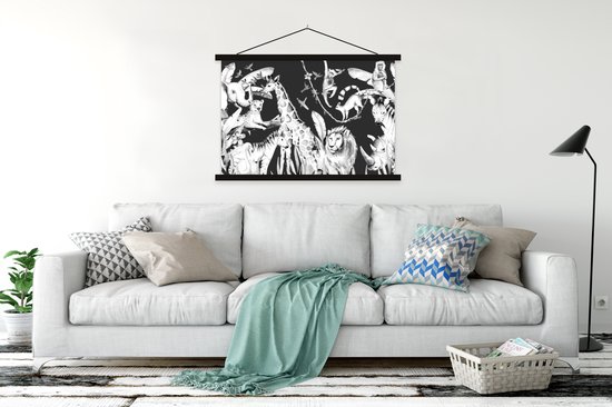 Porte-affiche avec affiche - Affiche scolaire - Aquarelles animaux de la jungle sur fond sombre - noir et blanc - 150x100 cm - Lattes noires