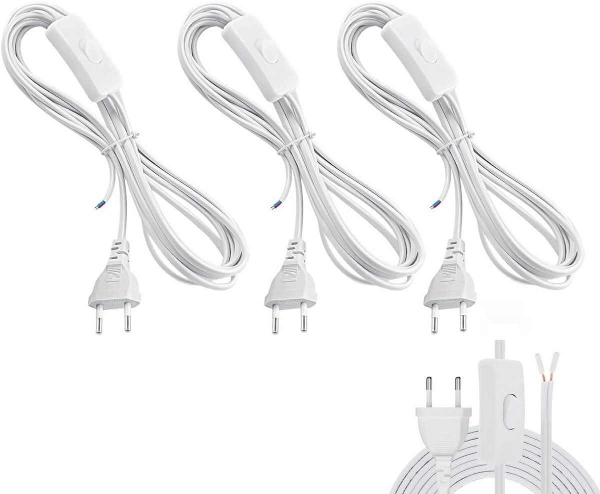3-Pack Stroomkabel met Schakelaar - 1,8 Meter 2-aderig Netsnoer met Stekker voor Doe-Het-Zelf (Wit)