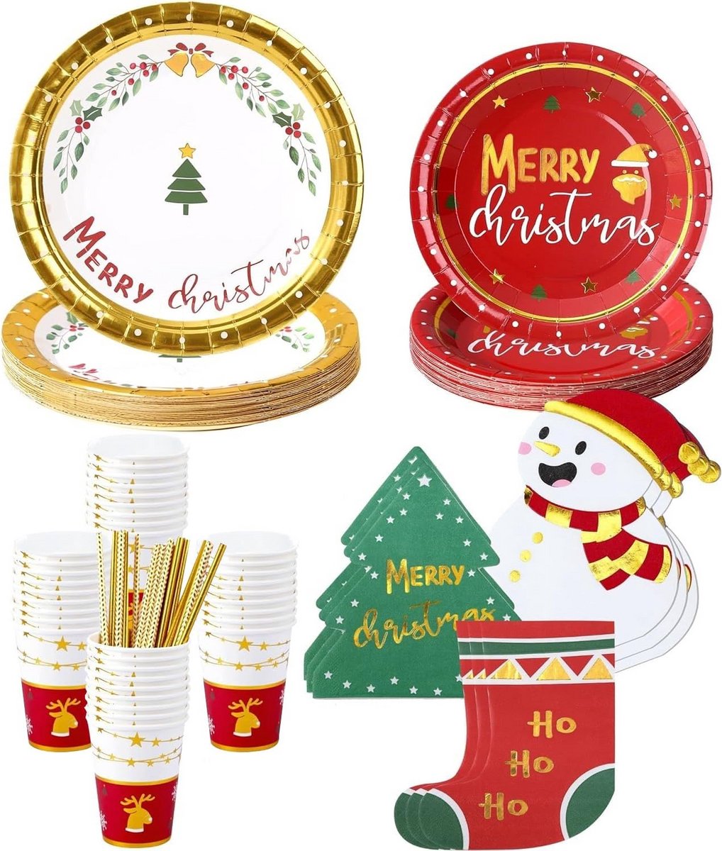 127-delig Kerst Servies Set - Borden, Bekers, Servetten en Rietjes voor Feest