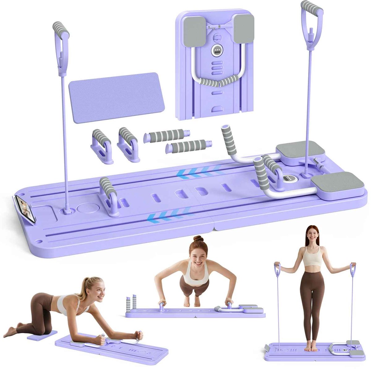 De Warenloods - Pilates Reformer Board - Opvouwbare Pilates Mat - Buikspiertrainer - Incl. Weerstandsbanden en Opdruksteunen - Met Telefoonhouder en Timer - Paars - De - €129,95