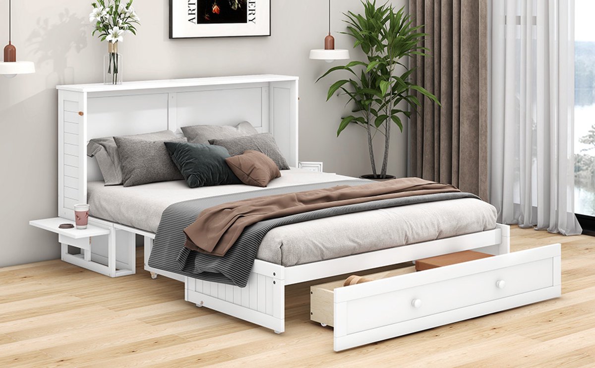 Wishdor - Opklapbed - Met Lade En Zijplanken - Van Grenenhout En MDF - Wit - 140 x 200 cm