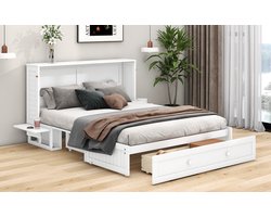 Wishdor – Opklapbed 140x200 cm – Met Lade & Zijplanken – Mobiel Schrankbed – Ruimtebesparend & Slim – Grenen & MDF – Wit
