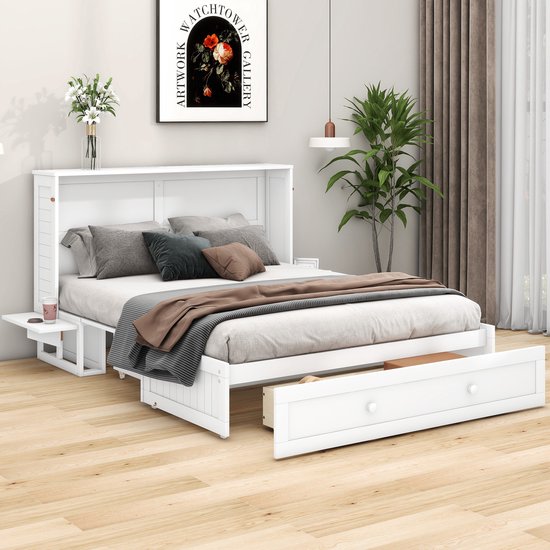 REDOM - Bed - Stevige constructie van grenenhout en MDF - Met lade en zijplanken - 140cm*200cm White
