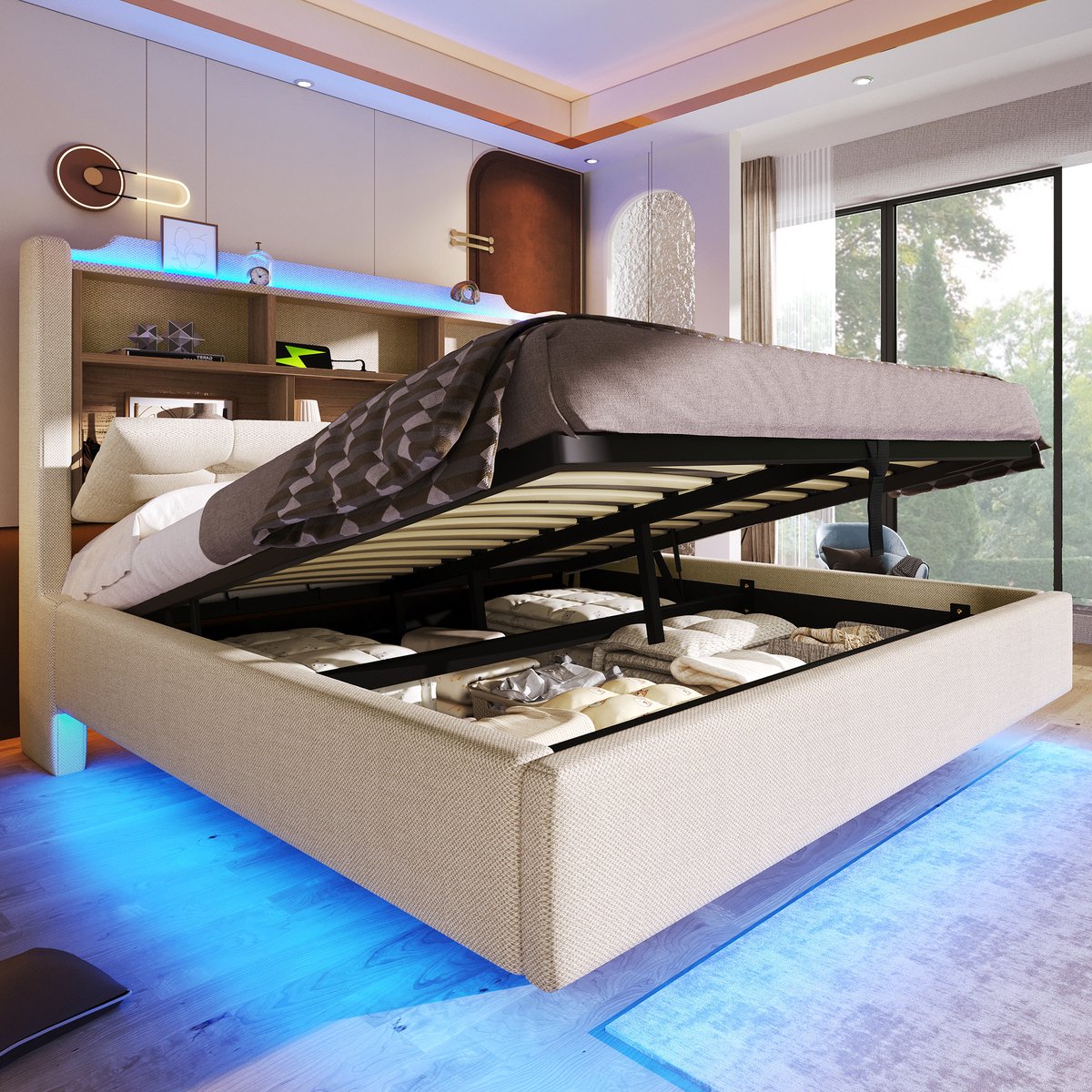 Wishdor Gestoffeerd Bed 140x200 cm – Met App-gestuurde LED & Hydraulische Lift – Oplaadstation USB-C – Smart & Luxe – Linnen – Beige