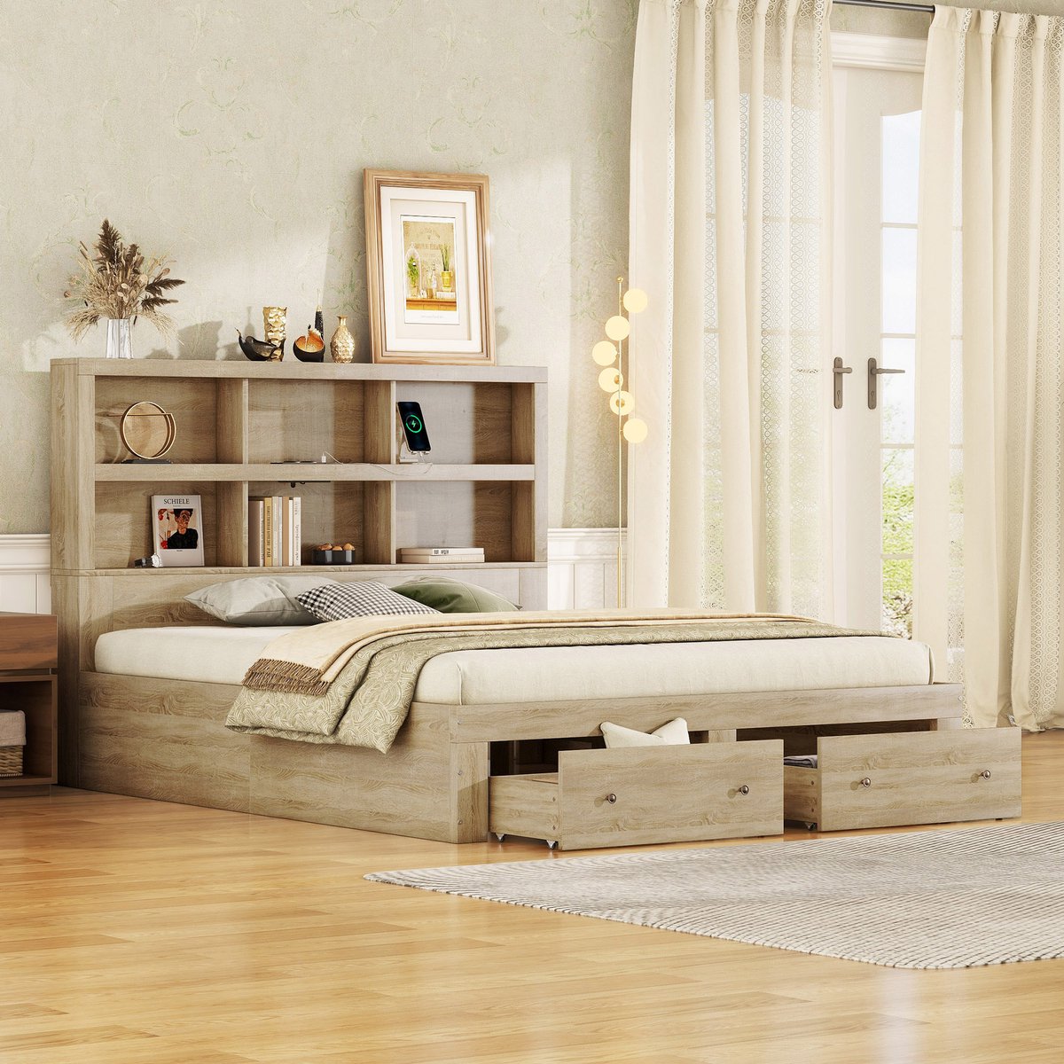 Wishdor Kingsize Platformbed 160x200 cm - Met Opberghoofdbord & USB - Inclusief 2 Lades - Compleet & Stijlvol - Spaanplaat - Naturel Natuurlijk