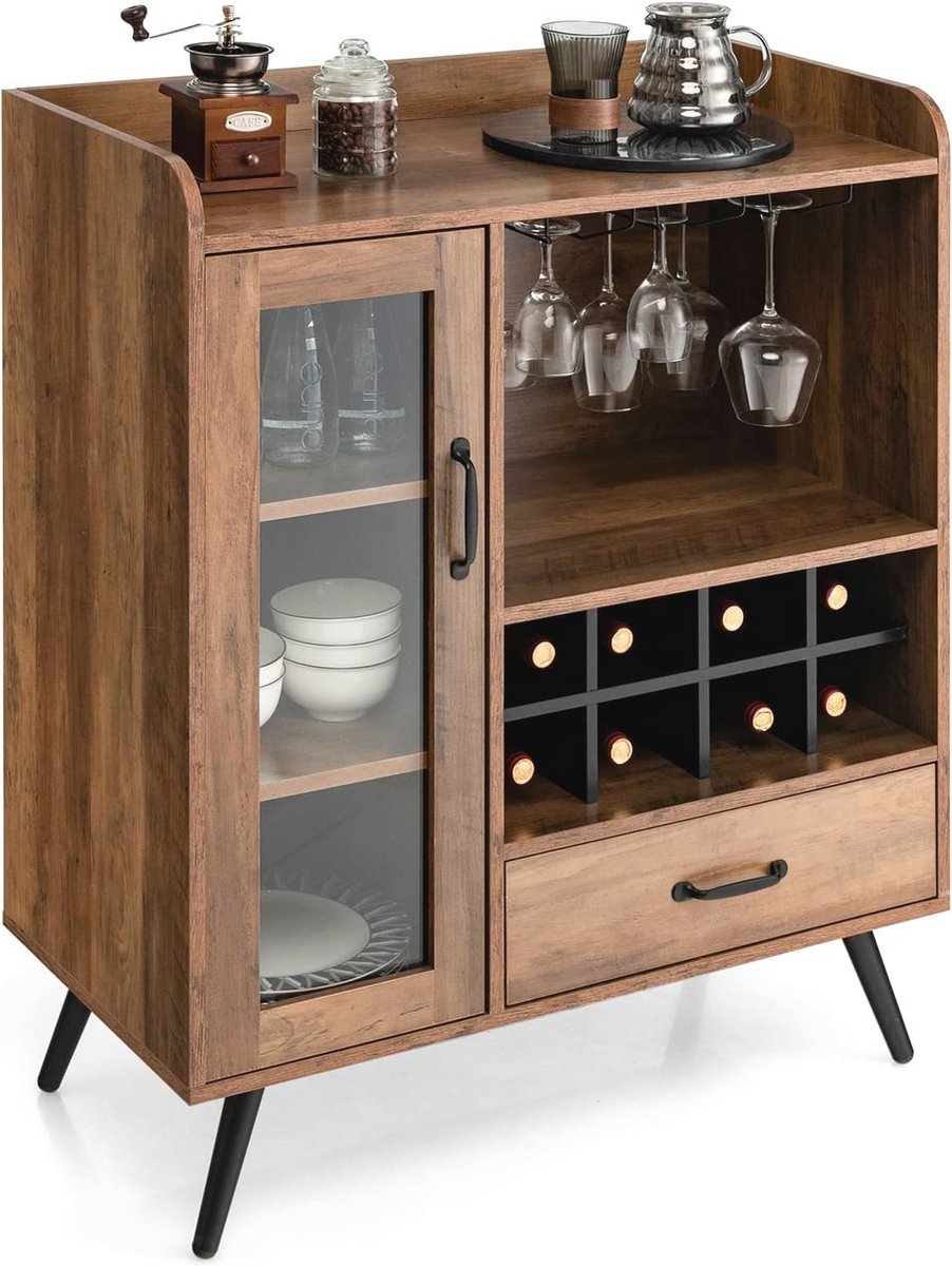 Houten Wijnkast met Glashouders en Opbergruimte - Vintage Barmeubel voor Keuken en Eetkamer