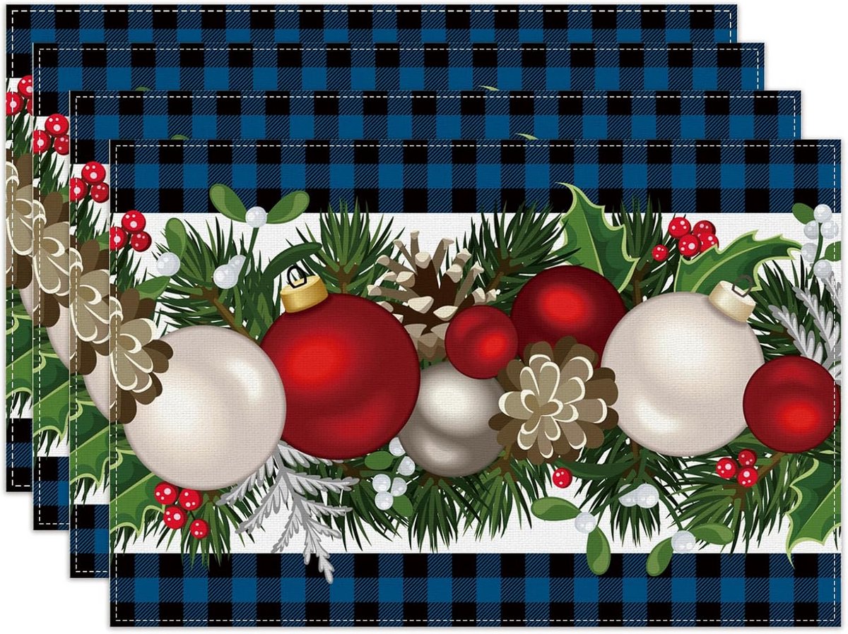 Set van 4 Placemats Blauw Zwart Geruit Linnen - Rustieke Tafeldecoratie Winter Kerst