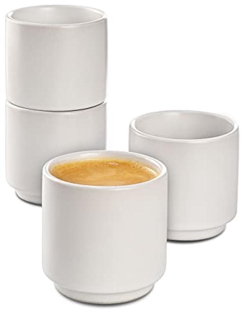 Set van 4 Witte Keramische Espresso Kopjes Stapelbaar Ontwerp Dikte Wanden Vaatwasserbestendig 70ml