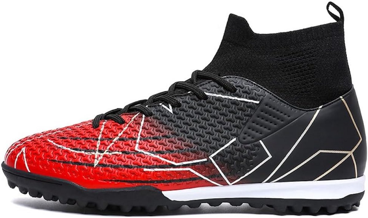 Voetbalschoenen met hoge enkel, AG/TF noppen, zwart-rood ontwerp, geschikt voor heren en kinderen, optimale grip.