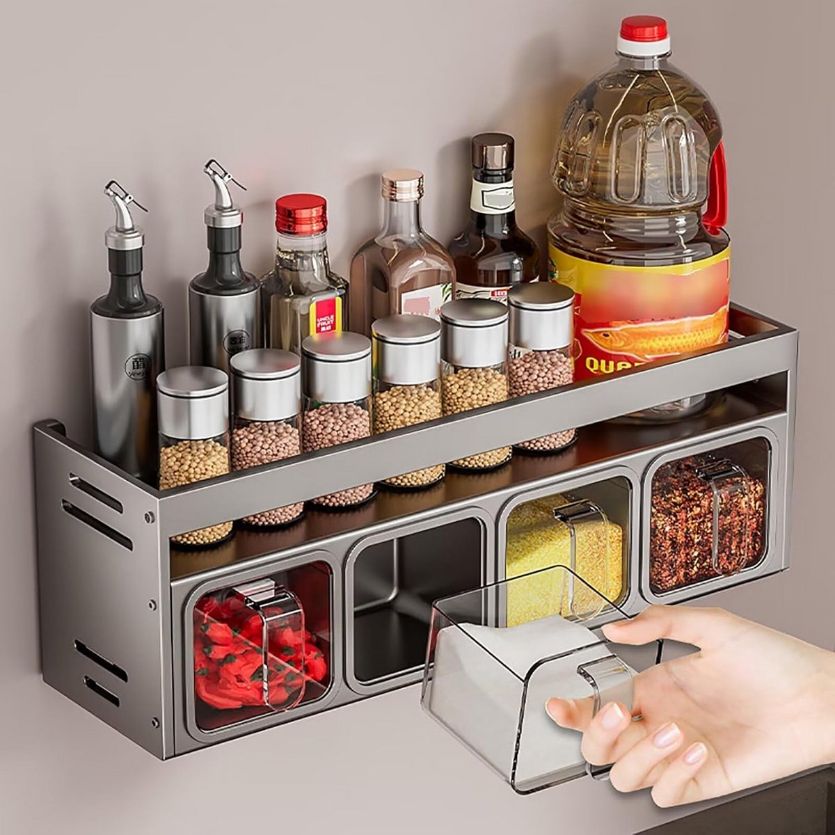 Kruidenrek met Potjes - Wandmontage Zonder Boren & Staand - Keuken Organizer