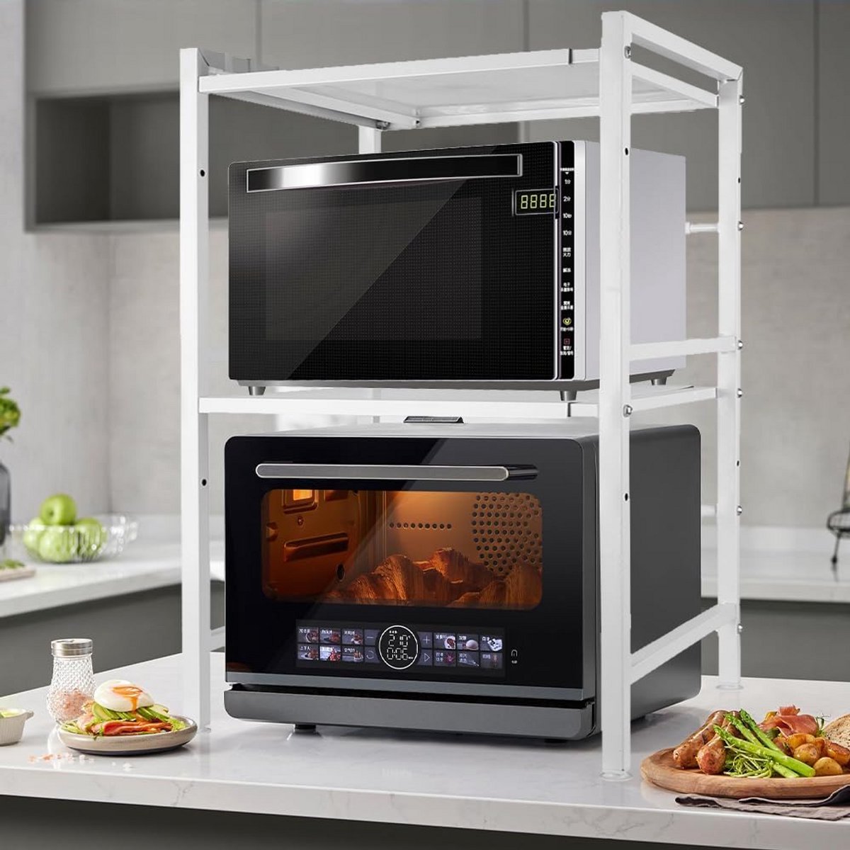 Uitschuifbaar Magnetronrek voor Werkblad - 2 Niveaus Keuken Organizer met Haken