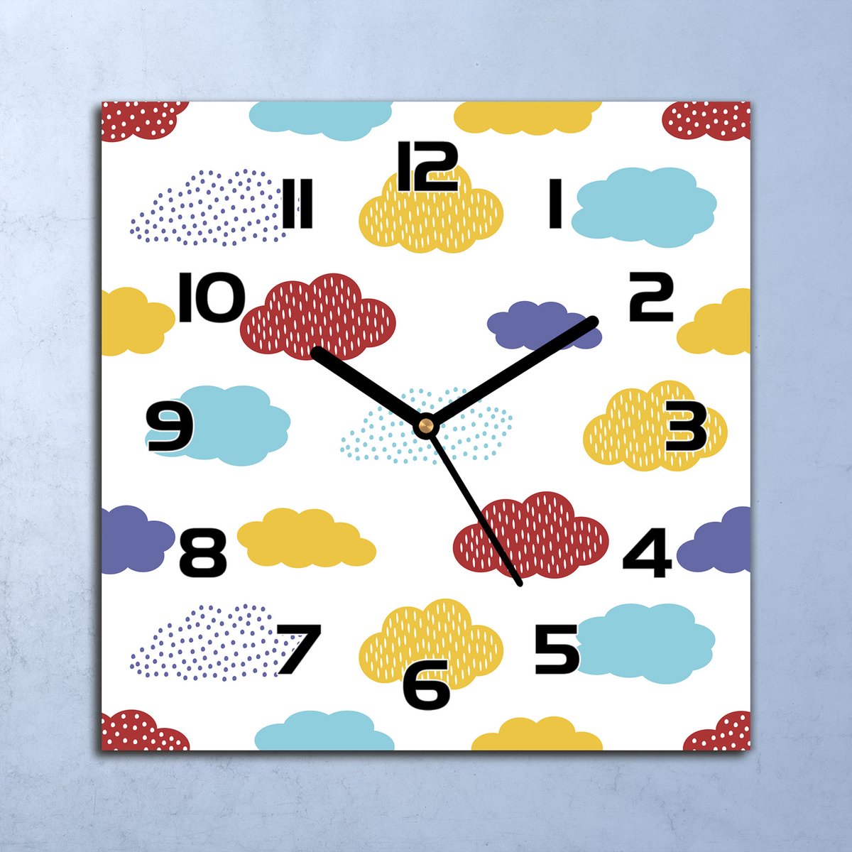 Coloray Wandklok - Kleurrijke wolken Glazen Klok - 30x30 cm - Geel Wandklok - Wandklok Vierkant - Wandklok Industrieel - Wandklok Keuken - Stille Wandklok
