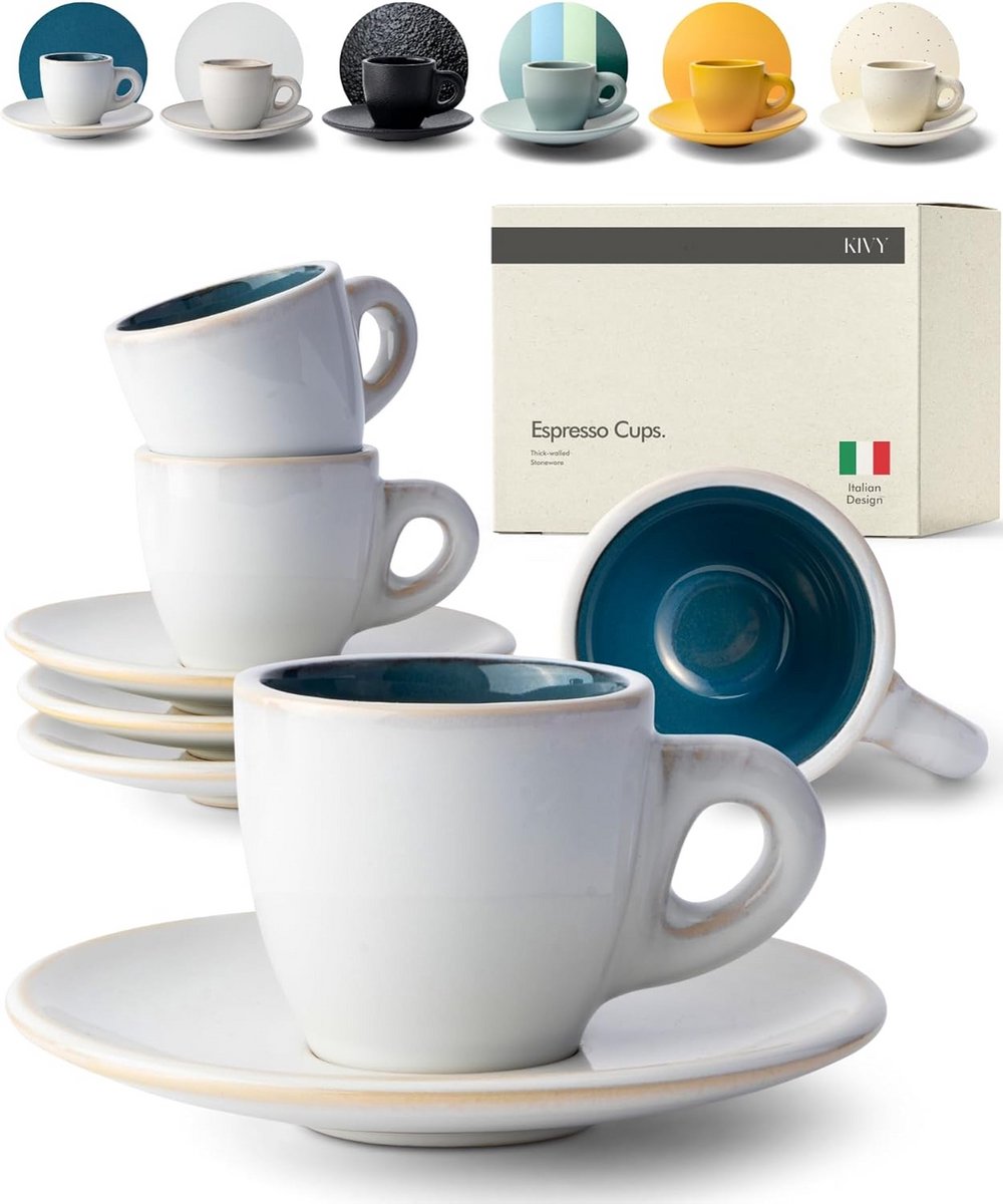Set van 4 Handgemaakte Espresso Kopjes 75 ml met Schotels - Keramiek, Blauw