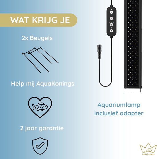 Onderdelen van de aquariumlamp: 2 beugels, een zwarte afstandsbediening met kabel en een aquariumlamp met adapter.