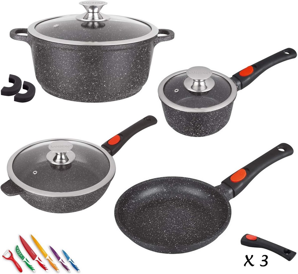 Set van 10 Delen Gegoten Aluminium Kookgerei met Afneembare Handgreep voor Inductie en Oven