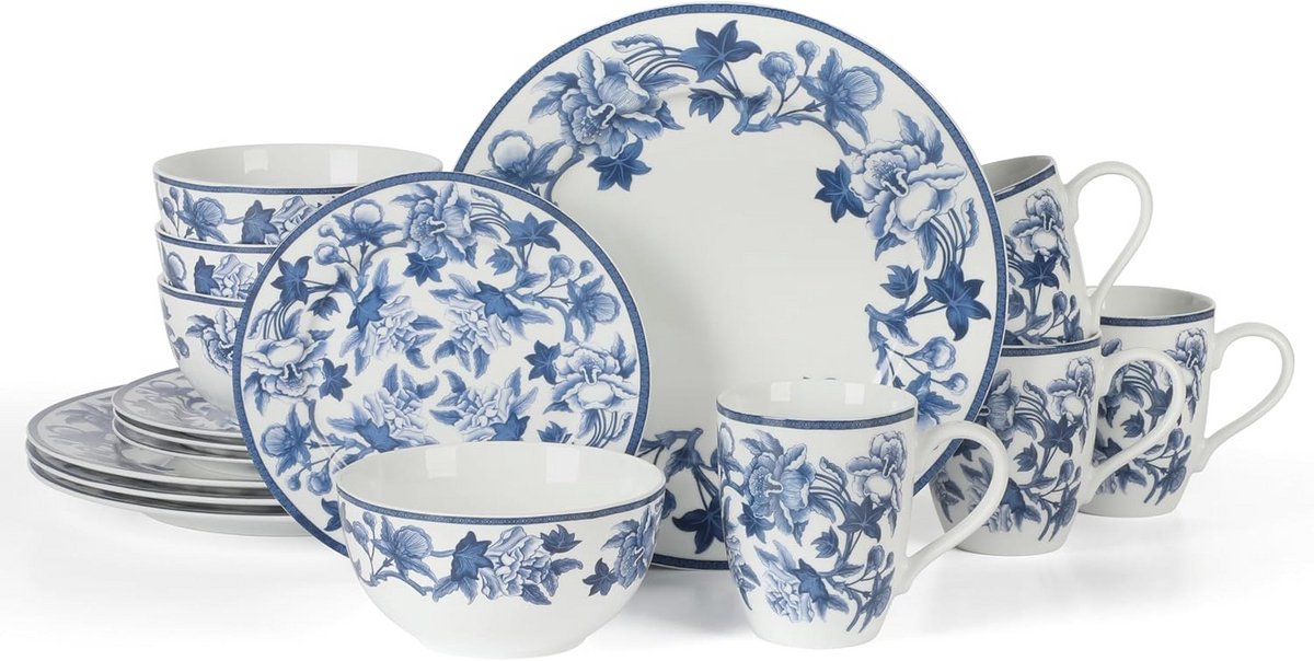 Vintage Blauw Aardewerk 16-delig Servies Set