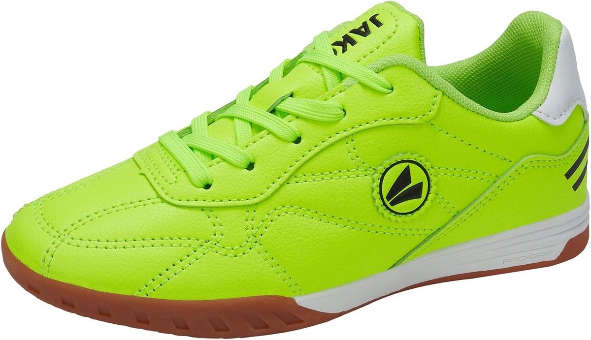 Lichte, felgroene zaalvoetbalschoen voor kinderen met PU-bovenwerk en rubberen zool, ideaal voor sportactiviteiten.
