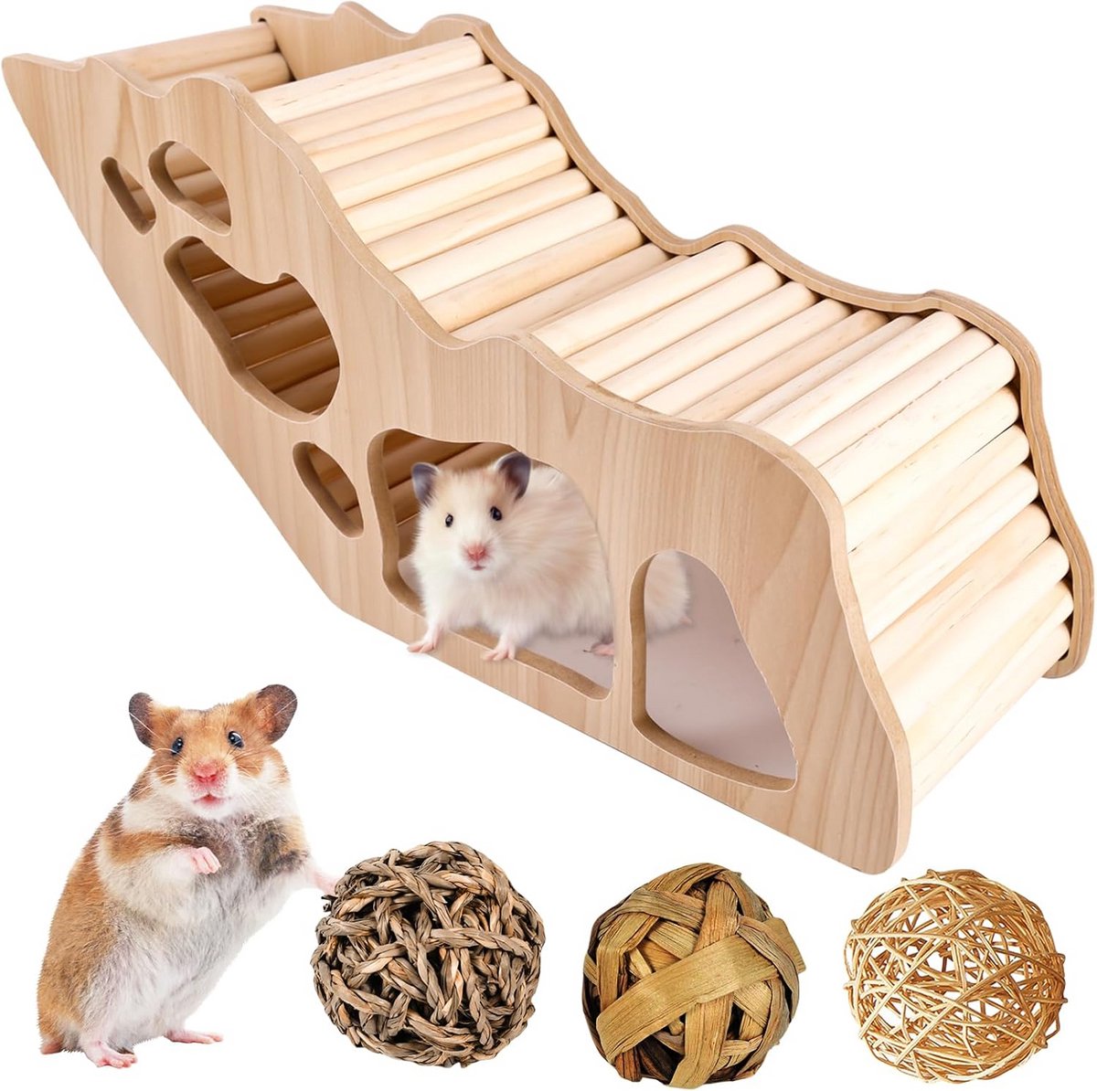 Hamstertunnel en klimladder – Houten speeltunnel voor kleine knaagdieren