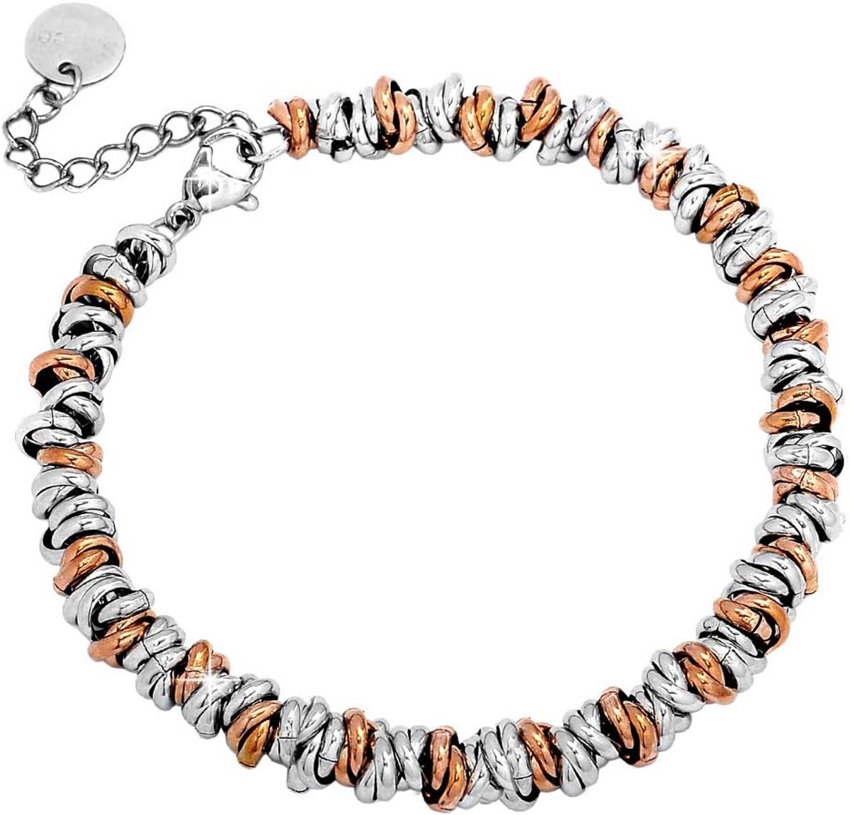 Verstelbare Stalen Armband Dames-Unisex - Zilver Roségoud Kleur met Karabijnsluiting