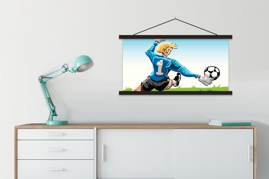 Posterhanger incl. Poster 90x45 cm - Schoolplaat - Een illustratie van een keeper die de voetbal stopt - Jongens - Meisjes - Kinderen - Textielposter - Zwarte latten
