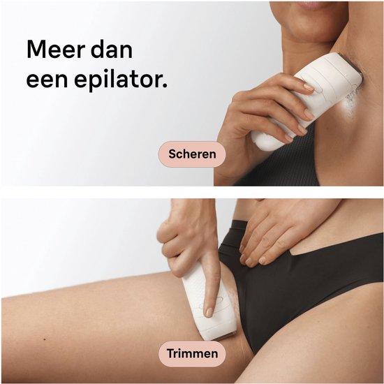 Bovenste deel: vrouw epileert oksel. Onderste deel: vrouw trimt bikinilijn, met tekst 'Meer dan een epilator.'