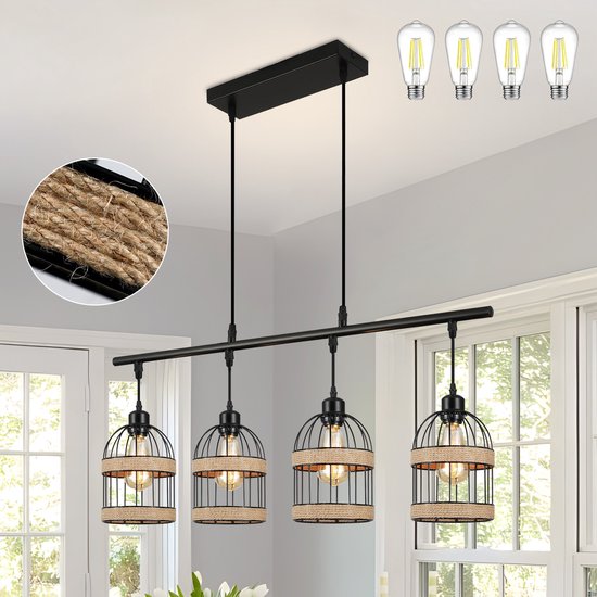 HEYUN Rotan Hanglamp 3-lamps Vintage Hanglamp Eettafel Verstelbaar E27 Boho Gevlochten Hanglamp Plafondlamp Handgeweven Kroonluchter Voor Woonkamer Slaapkamer Eetkamer Keuken(Geen Gloeilamp)(Long