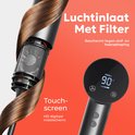 Gedetailleerde weergave van de luchtinlaat met filter en het touchscreen HD digitaal instelscherm van de CIRIE L haardroger.