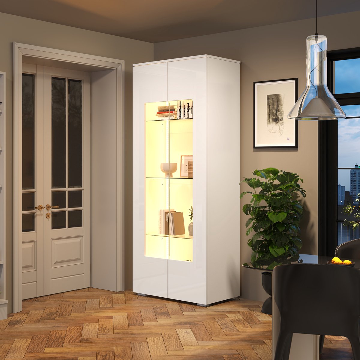 Vitrinekast - 70x40x173 cm - 2 Acryl Deuren en LED - Hoogglans met Lichtstrip - MDF - Wit