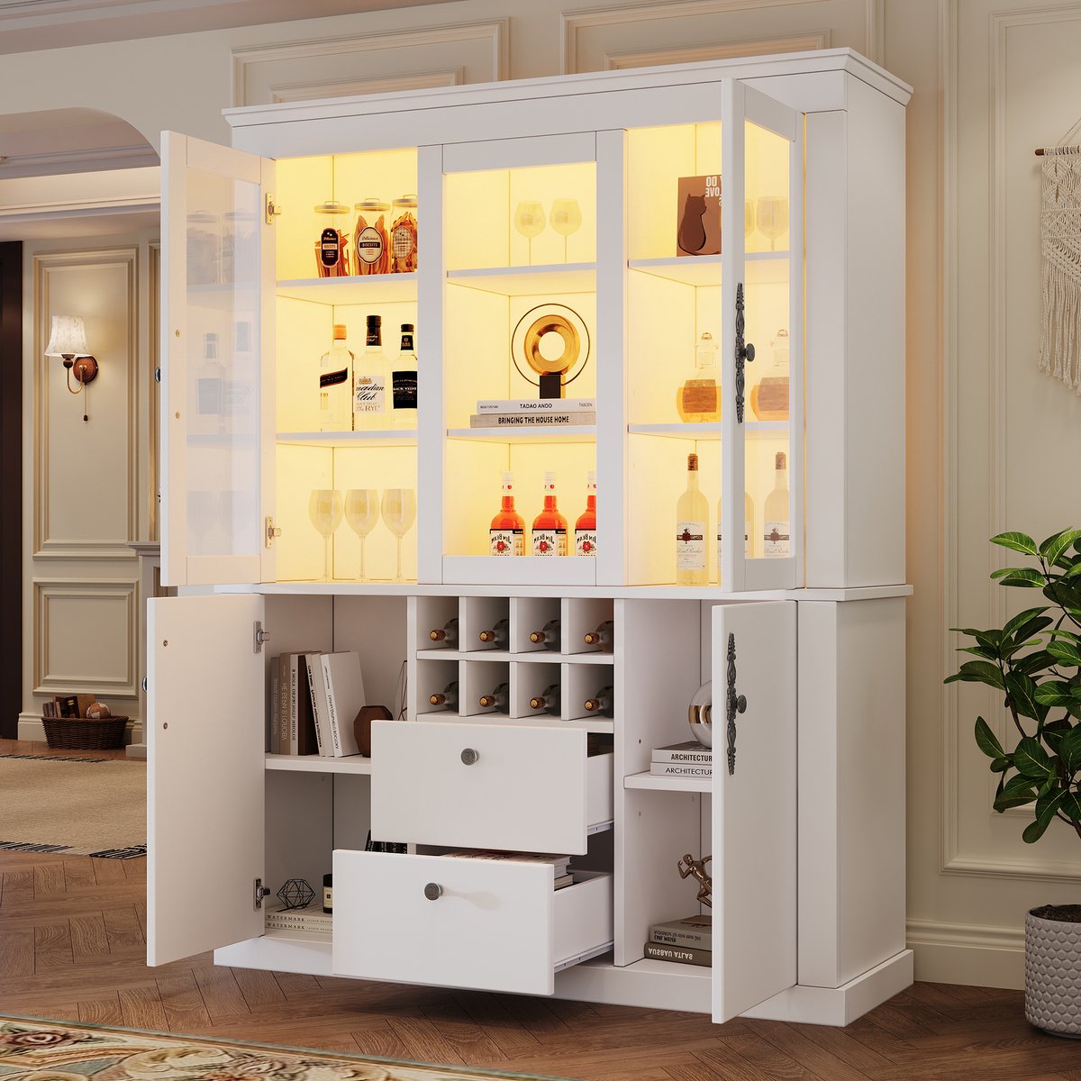 Vitrinekast - 130x37.5x170.5 cm - 4 Deuren en 2 Lades - Met 8 Wijnrekken en LED - MDF - Wit