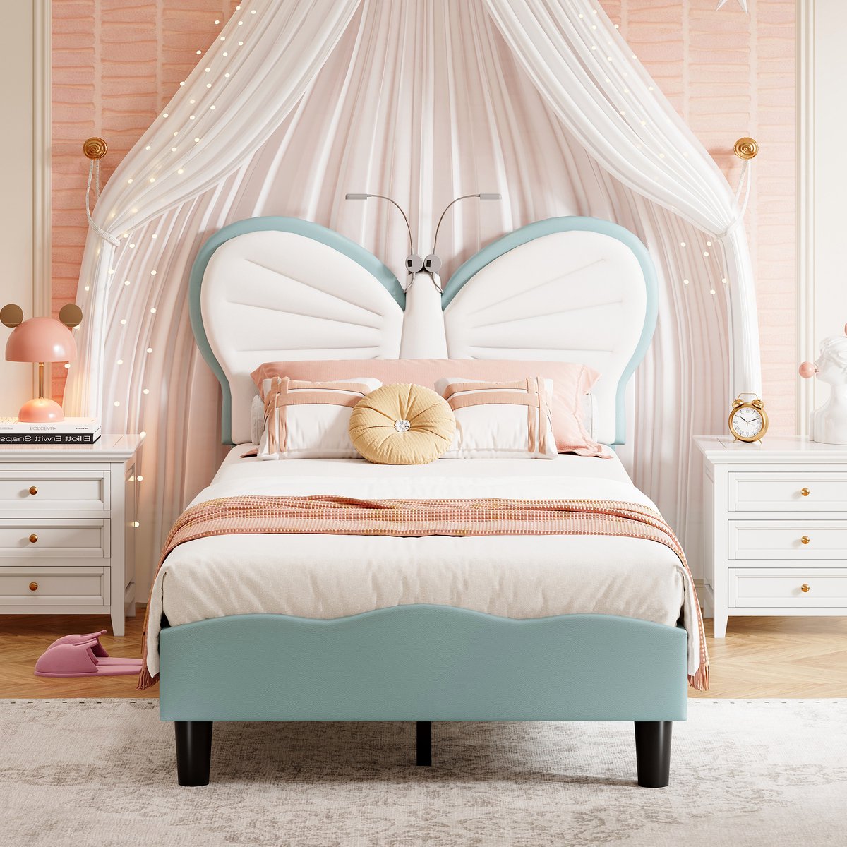 Prinsessenbed 90x200 cm – Fluwelen Kinderbed met Vlinder Hoofdbord en Leeslampjes, Verstelbaar Hoofdbord
