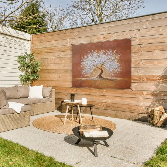 Poster de jardin 120x80 cm - Décoration de jardin Abstrait - Arbre - Blanc - Feuilles - Poster pour le jardin - Décoration extérieure - Tableau de jardin pour clôture - Toile de jardin décoration murale - Décoration de balcon
