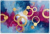Tuinposter 120x80 cm - Tuindecoratie Cirkels - Goud - Abstract - Poster voor in de tuin - Buiten decoratie - Schutting tuinschilderij - Tuindoek muurdecoratie - Wanddecoratie balkondoek